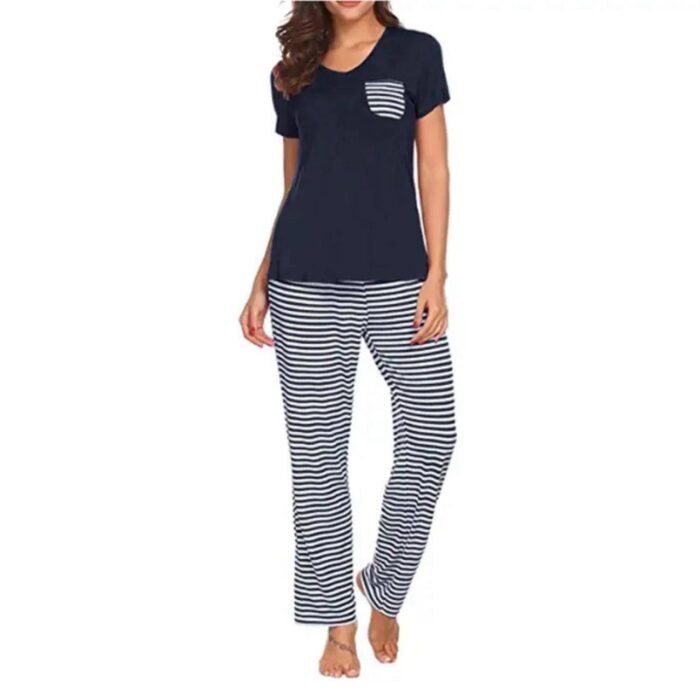 Navy stripped trouser with plain shirt Pj set